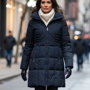 Canda C&A Medium/Large $90 Black Long Funnel Neck Quilted Puffer‎ Coat